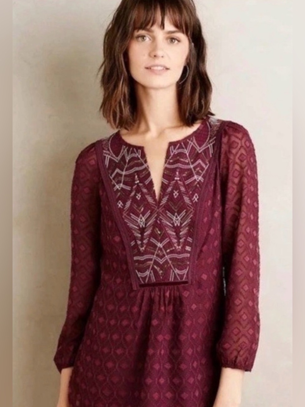Anthropologie One September Embroidered Tunic Blouse Plum Medium